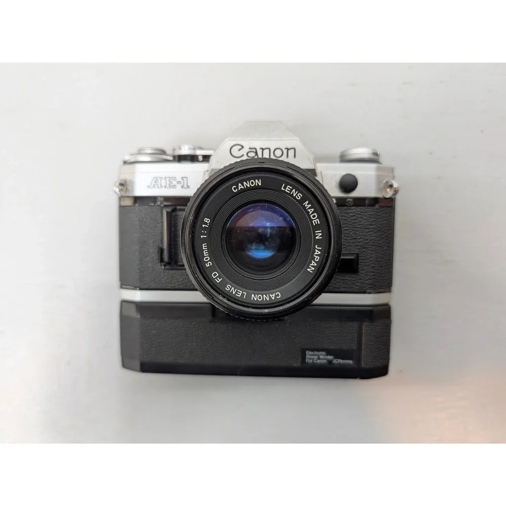 Canon AE-1 35mm Camera w/ FD‎ 50mm 1:1.8 Lens + Power Winder Lens Speedlite 155A
